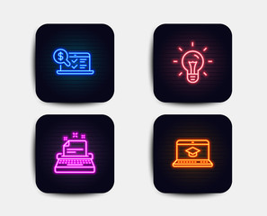 Neon glow lights. Set of Idea, Online accounting and Typewriter icons. Website education sign. Light bulb, Web audit, Instruction. Video learning.  Neon icons. Glowing light banners. Vector