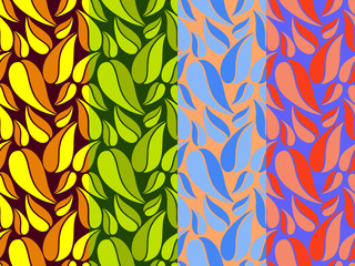 Set of vivid vector seamless patterns with big leaves on colored background. Bright simple leaves, multicolor ornament for textile, prints, wallpaper, wrapping, web etc. Available in EPS format.