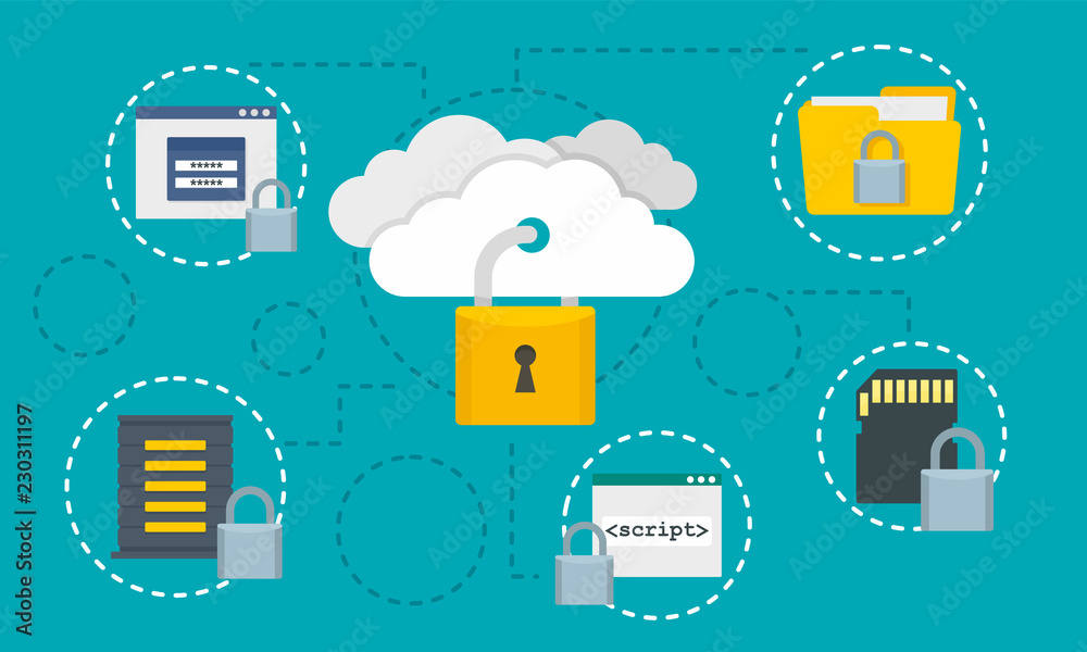 Poster protected data cloud concept background. flat illustration of protected data cloud vector concept ba