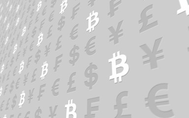 Bitcoin and currency on a gray background. Digital Cryptocurrency symbol. Business concept. Market Display. 3D illustration