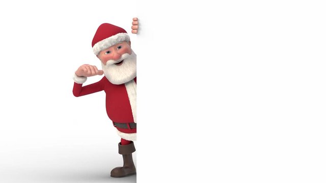 A cartoon Santa Claus peeks out from behind a white sign at the right side of the frame, waves into the camera, looks at the sign and gives thumbs up - seamless looping 3d animation