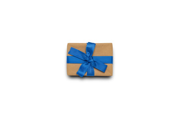 Gift box with blue ribbon on white isolated background. Gift concept for a loved one, for a holiday, birthday, congratulations. Flat lay, top view