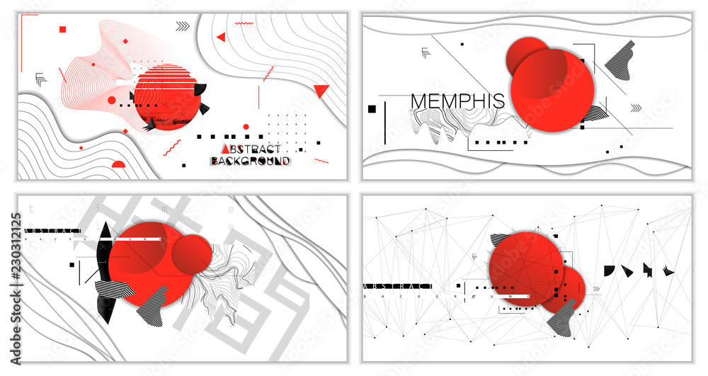 Poster new banner templates in memphis style, white modern background with geometric shapes, red circles, a