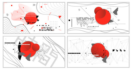 New banner templates in memphis style, white modern background with geometric shapes, red circles, and space for your text. Memphis vector illustration set