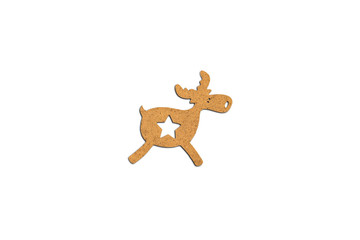 Wooden Christmas toy Deer on a white isolated background. Concept of Merry Christmas and Happy New Year. Minimalistic style. Flat lay, top view