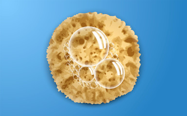 Soap bubble on sponge concept background. Realistic illustration of soap bubble on sponge vector concept background for web design