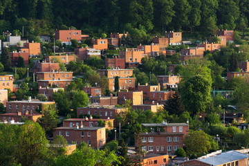 Typified red brick family Bata houses in Zlin, Moravia, Czech Republic, sunny summer day