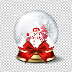 Realistic transparent Christmas ball with snowman, isolated.
