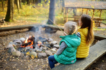 Cute little sisters roasting hotdogs on sticks at bonfire. Children having fun at camp fire. Camping with kids in fall forest. - obrazy, fototapety, plakaty