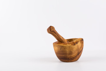 Mortar & Pestle, Wooden handmade mortar and pestle isolated on White background.