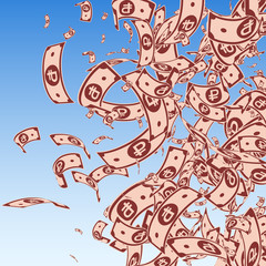 Russian ruble notes falling. Messy RUB bills on bl