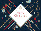 Christmas greeting card. Golden Christmas elements on a dark blue background. New Year's design template with a window for text. Vector flat. Horizontal format