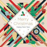 Golden Christmas greeting card. Multicolored Christmas elements on a golden background. New Year's design template with a window for text. Vector flat. 