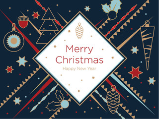 Świąteczna kartka z pozdrowieniami. Złote elementy świąteczne na ciemnym niebieskim tle. Szablon projektu noworocznego z oknem na tekst. Płaskie wektor Format poziomy - 230320378