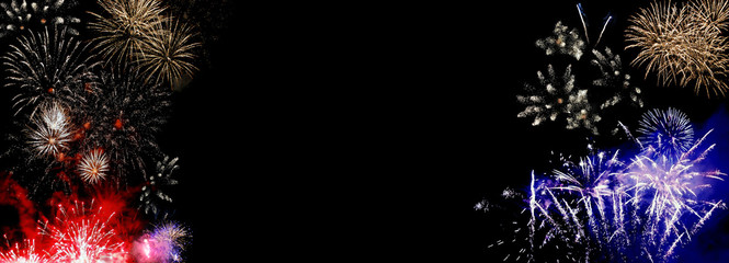 Fireworks isolated on black background with free space for text