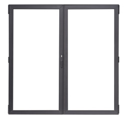 Double glass doors isolated on white background, black aluminium office window frame for interior design