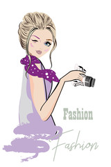 Series of Fashion cute girls sketches with accessories. Beautiful women. Hand drawn vector illustration.
