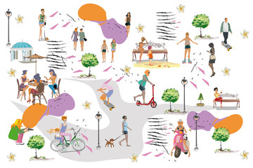 Set of people having rest in the park.  Leisure outdoor activities:  skateboard, roller-skates, riding a scooter and bicycle. Colorful vector illustration.
