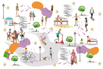 Set of people having rest in the park.  Leisure outdoor activities:  skateboard, roller-skates, riding a scooter and bicycle. Colorful vector illustration.
