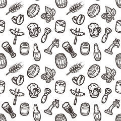 Hand drawn seamless pattern with beer stuff.