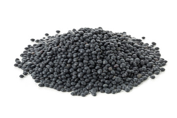 Heap of black organic beluga lentils on white