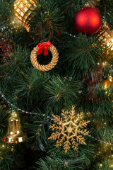 Decorations in the Scandinavian style on an artificial Christmas tree