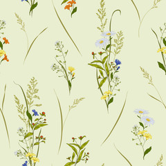 Fototapeta na wymiar Seamless vector floral pattern with outline meadow flowers hand-drawn in sketch style in natural colors on light background