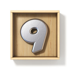 Silver metal number 9 NINE in wooden box 3D
