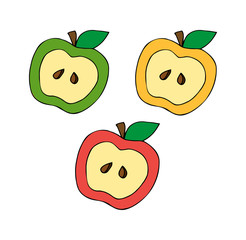 set of multicolored apples slice red green yellow. Simple illustration for children, logo, design.