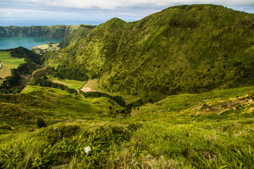 Panoramic landscape overlooking three amazing ponds, Lagoa de Santiago, Rasa and lagoa Azul, Lagoa...