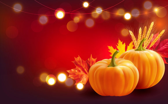 Thanksgiving Day background with pumpkins, leaves, wheat ears and festive lights. Vector illustration.