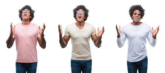 Collage of african american young  man wearing sunglasses over isolated background crazy and mad shouting and yelling with aggressive expression and arms raised. Frustration concept.