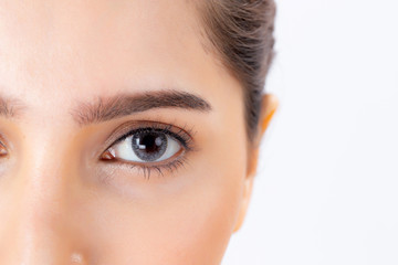 Beautiful portrait young asian woman with makeup isolated on white background, closeup girl face and eye, rejuvenation with skin for wrinkle or sugery, beauty concept.