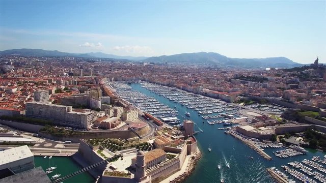 4K Aerial view of Marseille pier - Vieux Port, Saint Jean castle, and mucem in south of France