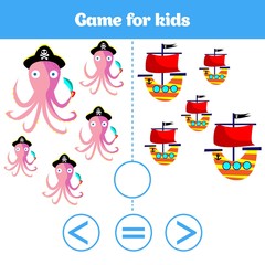 Fototapeta premium Education logic game for preschool kids. Choose the correct answer. More, less or equal Vector illustration