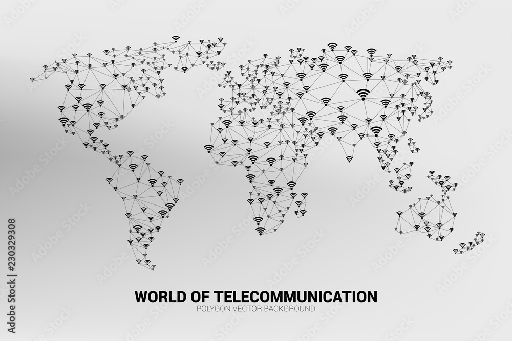 Poster Vector Polygon line connect mobile data and wi-fi icon signage shape the world map. Concept for world telecommunication.