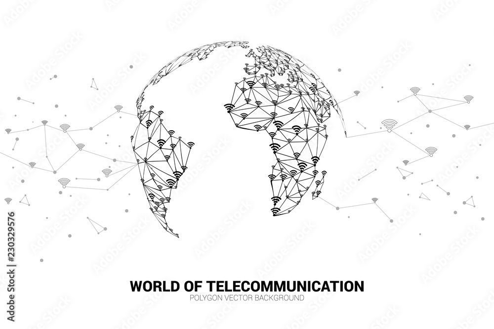 Poster Vector Polygon line connect mobile data and wi-fi icon signage shape the world map. Concept for world telecommunication.