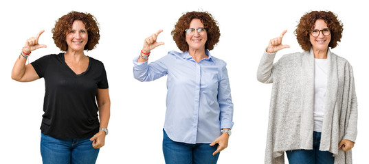 Collage of middle age senior woman over white isolated background smiling and confident gesturing with hand doing size sign with fingers while looking and the camera. Measure concept.