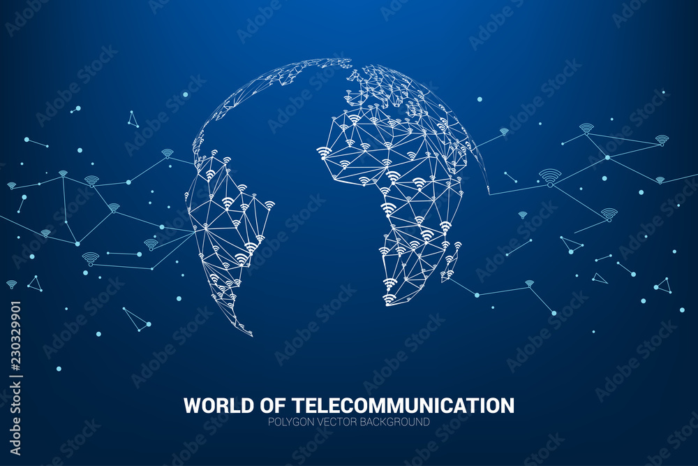 Poster Vector Polygon line connect mobile data and wi-fi icon signage shape the world map. Concept for world telecommunication.