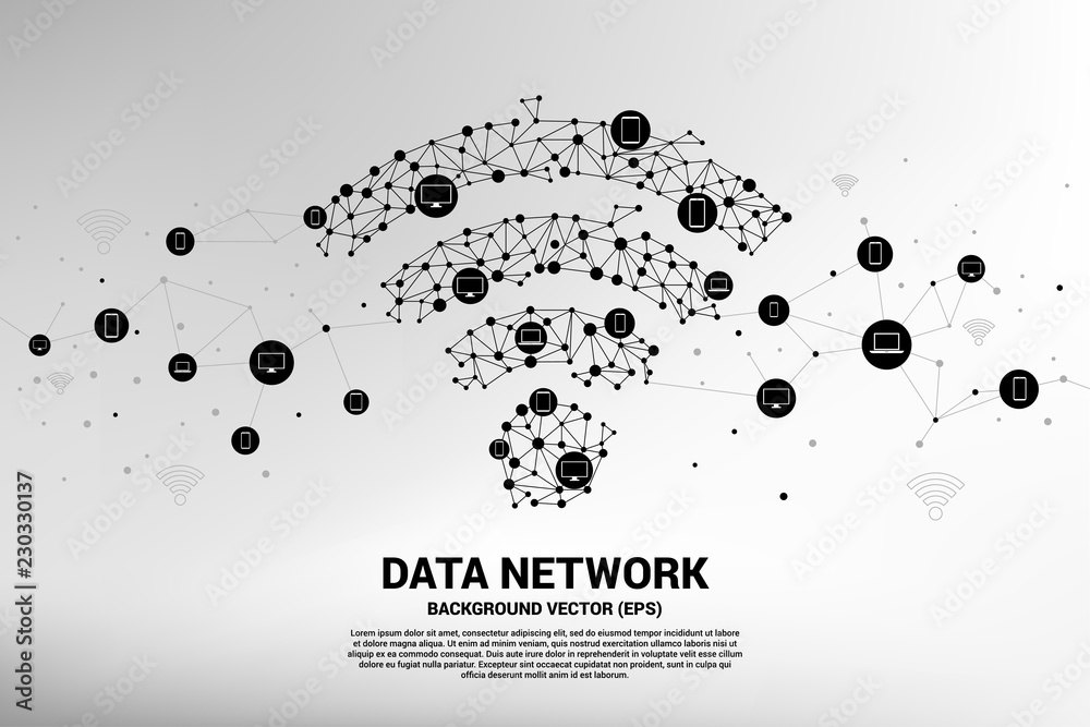 Poster Vector Polygon mobile data icon connect to multiple device. Concept for data transfer of  mobile and wi-fi data network.
