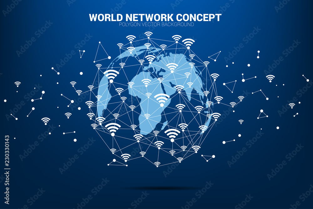 Poster Vector Polygon line connect mobile data and wi-fi icon signage shape the world map. Concept for world telecommunication.