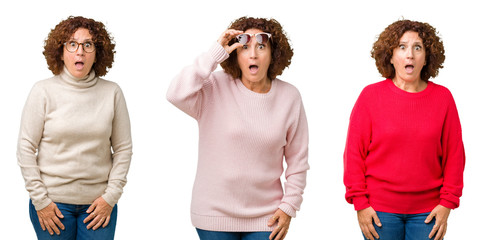 Collage of middle age senior woman wearing winter sweater over white isolated background afraid and...
