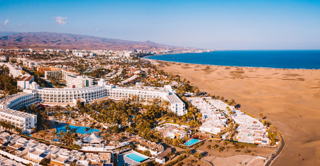 Aerial view of the Maspalomas dunes on the Gran Canaria island. Panoramic view. 