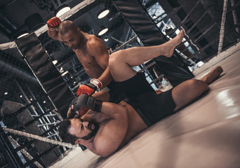 Portrait Shirtless Wrestler Fighting Opponent Boxing Ring Fi