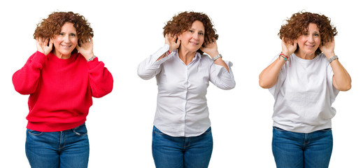 Collage of middle age senior woman over white isolated background Trying to hear both hands on ear gesture, curious for gossip. Hearing problem, deaf