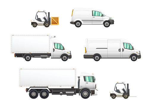 Set of delivery and transportation vehicles illustrations.