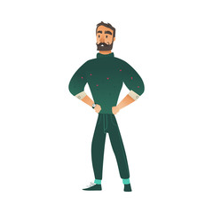 Vector illustration of confident bearded man in green knitted sweater and pants standing with hands in sides and looking forward - isolated young male cartoon character in cold season.