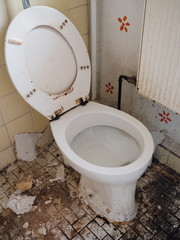 Filthy, broken and rotten toilet in demolished bathroom before renovation, black mould and dirt on tiled floor, wallpaper scraps falling off, garbage lying on floor