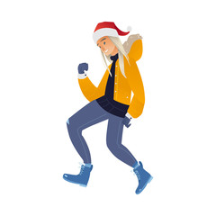 Vector cartoon cheerful young man in santa hat, warm winter clothing - jacket or coat and boots having fun laughing jumping outdoors. Male character with positive emotions
