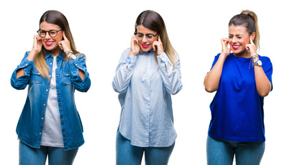 Collage of young beautiful woman wearing glasses over isolated background covering ears with fingers with annoyed expression for the noise of loud music. Deaf concept.